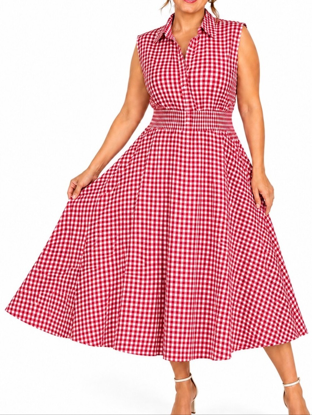 Philosophy Red & White Gingham Smock Waist Sleeveless Dress Women Size X-Large